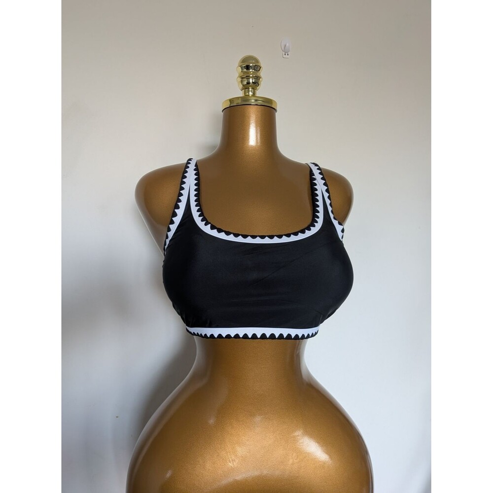 Black Scoop bralette bikini top in black with white scalloped trim S